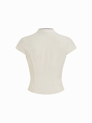 Linen-blend Stand Collar Short Sleeve Cut Out Contrasting Binding Blouse