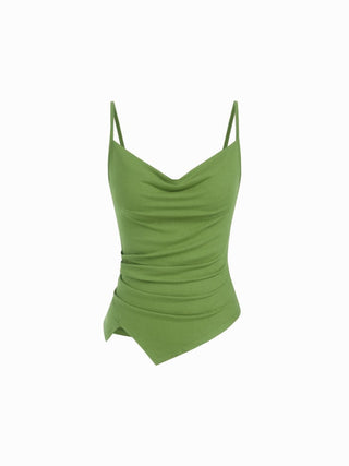 Knit Fabric Cowl Neck Ruched Asymmetrical Hem Cami Top