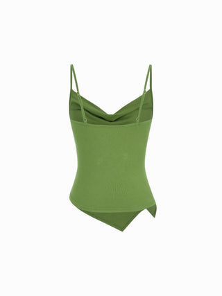 Knit Fabric Cowl Neck Ruched Asymmetrical Hem Cami Top