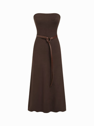 Knit Bandeau A-line Maxi Flared Dress With Belt
