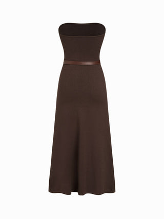 Knit Bandeau A-line Maxi Flared Dress With Belt