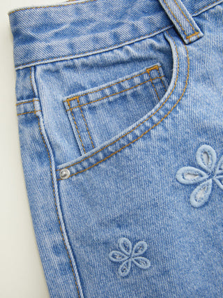 Denim Low Rise Embroidery Floral Scallop Hem Micro Shorts