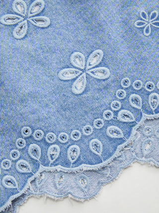 Denim Low Rise Embroidery Floral Scallop Hem Micro Shorts