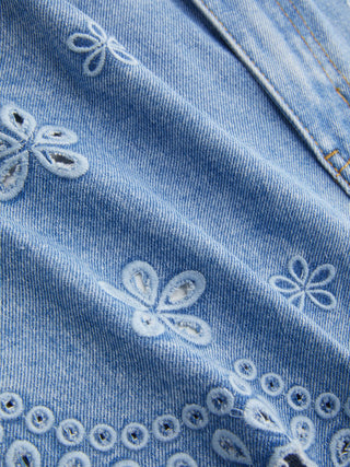 Denim Low Rise Embroidery Floral Scallop Hem Micro Shorts