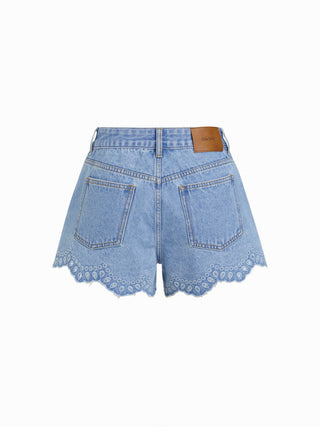 Denim Low Rise Embroidery Floral Scallop Hem Micro Shorts