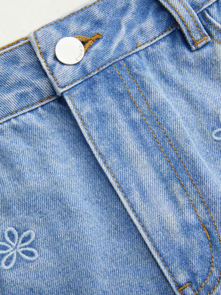 Denim Low Rise Embroidery Floral Scallop Hem Micro Shorts
