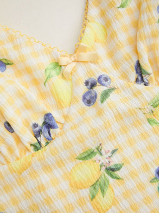 Fruit Gingham V-neck Bowknot A-line Mini Dress
