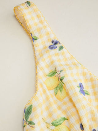 Fruit Gingham V-neck Bowknot A-line Mini Dress