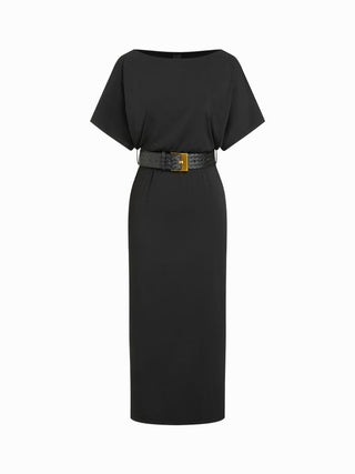 High Stretch Boat Neck Batwing Sleeve Straight Maxi Dress With Belt