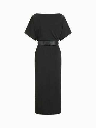 High Stretch Boat Neck Batwing Sleeve Straight Maxi Dress With Belt
