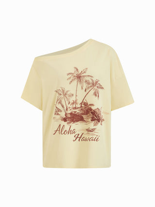 Cotton Asymmetrical Neck Short Sleeve Nature Graphic Tee