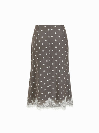 Satin Mid Rise Polka Dot Lace Trim A-line Midi Skirt