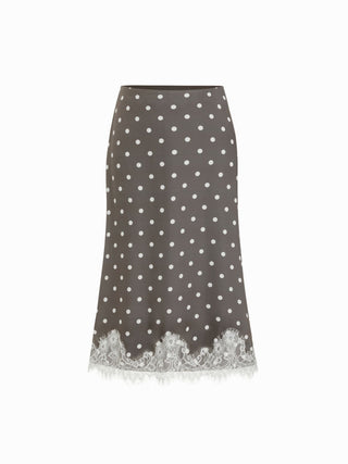 Satin Mid Rise Polka Dot Lace Trim A-line Midi Skirt