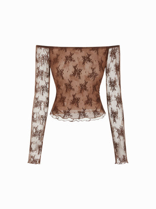 Lace Lace Floral Off-shoulder Long Sleeve Lettuce Trim Top For Daily Casual Date