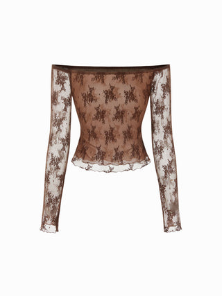 Lace Lace Floral Off-shoulder Long Sleeve Lettuce Trim Top For Daily Casual Date