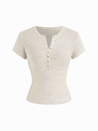 Linen-blend Henley Neck Short Sleeve Top