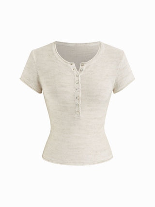 Linen-blend Henley Neck Short Sleeve Top