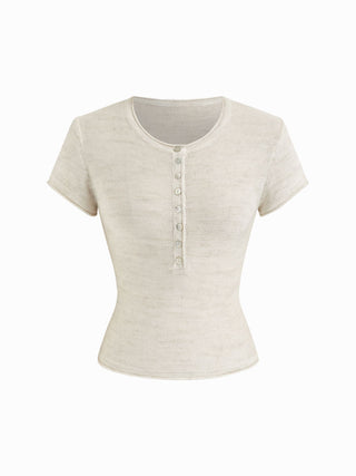 Linen-blend Henley Neck Short Sleeve Top
