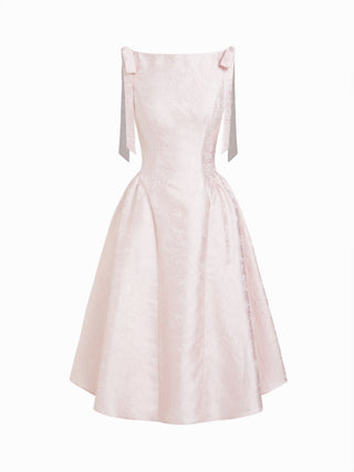 Jacquard Sculptural Boat Neck Bowknot Backless Flared Maxi Dress