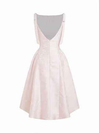 Jacquard Sculptural Boat Neck Bowknot Backless Flared Maxi Dress