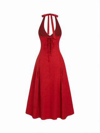 corset Linen-blend Linen-blend Sculptural High Rise V-neck Halter Neckline Flared Maxi Dress For Date