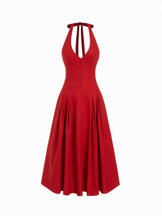 corset Linen-blend Linen-blend Sculptural High Rise V-neck Halter Neckline Flared Maxi Dress For Date