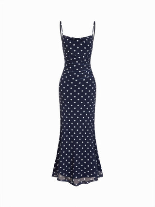 Mesh Polka Dot Lace Panel High Rise Mermaid Maxi Dress