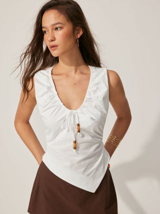 Cotton Cotton-Blend U-neckline Beaded Drawstring Tank Top