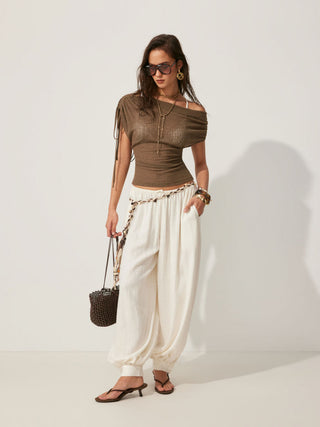 Linen-blend Linen-blend See-Through Off-shoulder Drawstring Top For Daily Casual Work