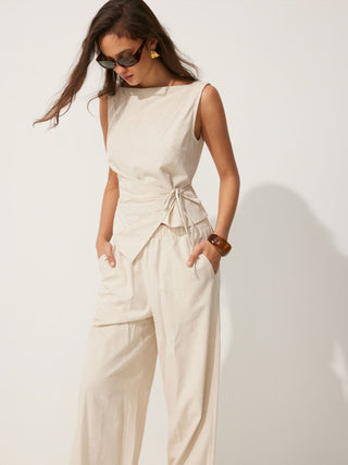 Linen-blend Boat Neck Knotted Top & Mid Rise Capri Straight Leg Trousers Set