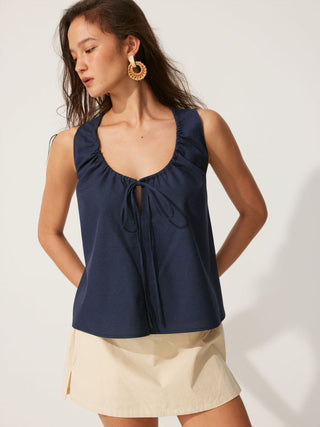 Linen-blend Linen-blend Tie-front Sleeveless Blouse For Daily Casual Work