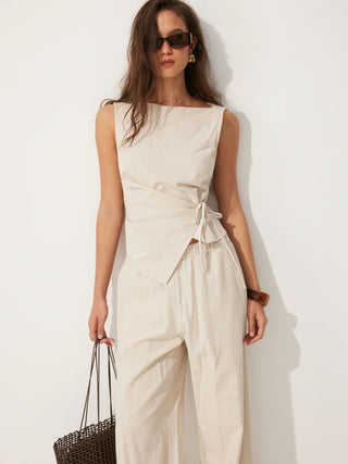 Linen-blend Boat Neck Knotted Top & Mid Rise Capri Straight Leg Trousers Set