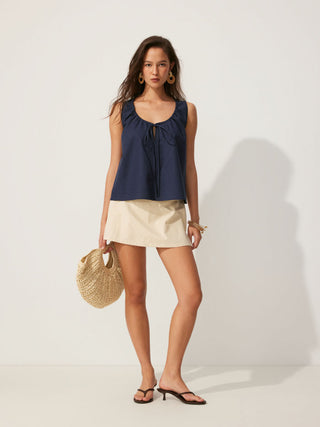 Linen-blend Linen-blend Tie-front Sleeveless Blouse For Daily Casual Work