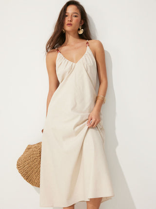 Woven Linen-blend V-neck Ruched Flared Maxi Dress For Daily Casual Vacation