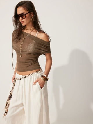 Linen-blend Linen-blend See-Through Off-shoulder Drawstring Top For Daily Casual Work