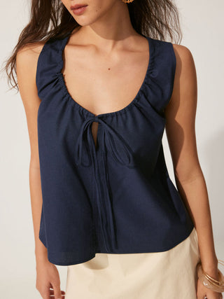 Linen-blend Linen-blend Tie-front Sleeveless Blouse For Daily Casual Work