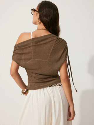 Linen-blend Linen-blend See-Through Off-shoulder Drawstring Top For Daily Casual Work
