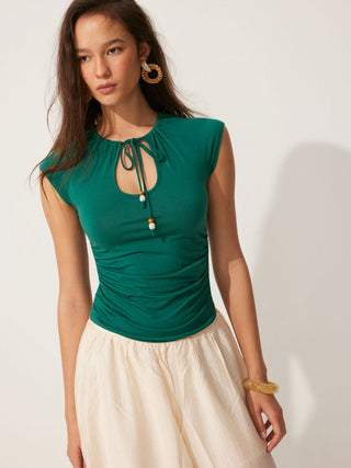 Jersey Raglan Sleeve Drawstring Scoop Neck Metallic Decor Tee For Daily Casual Vacation