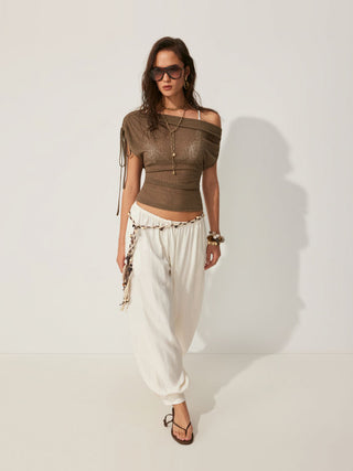 Linen-blend Linen-blend See-Through Off-shoulder Drawstring Top For Daily Casual Work