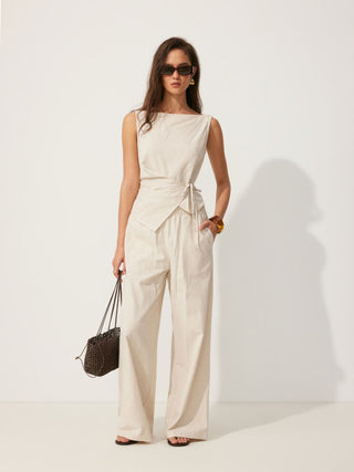Linen-blend Boat Neck Knotted Top & Mid Rise Capri Straight Leg Trousers Set