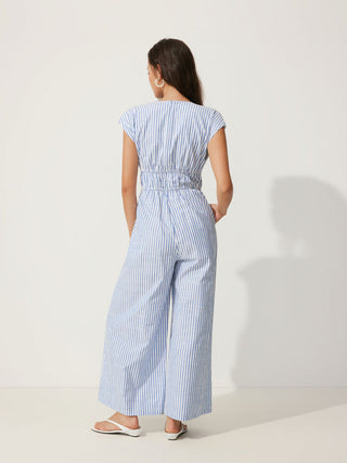 Cotton-blend V-neck Stripes Drawstring Wide Leg Jumpsuit
