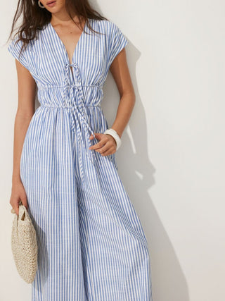 Cotton-blend V-neck Stripes Drawstring Wide Leg Jumpsuit