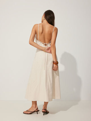Woven Linen-blend V-neck Ruched Flared Maxi Dress For Daily Casual Vacation