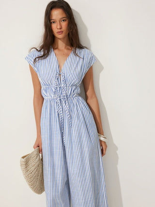 Cotton-blend V-neck Stripes Drawstring Wide Leg Jumpsuit