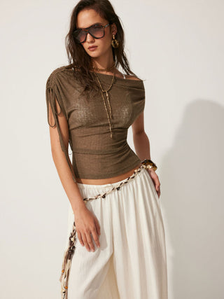Linen-blend Linen-blend See-Through Off-shoulder Drawstring Top For Daily Casual Work