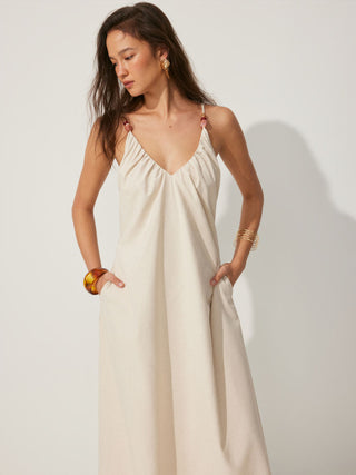 Woven Linen-blend V-neck Ruched Flared Maxi Dress For Daily Casual Vacation