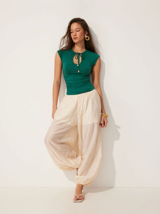 Jersey Raglan Sleeve Drawstring Scoop Neck Metallic Decor Tee For Daily Casual Vacation