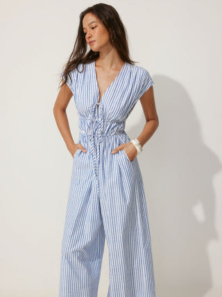 Cotton-blend V-neck Stripes Drawstring Wide Leg Jumpsuit