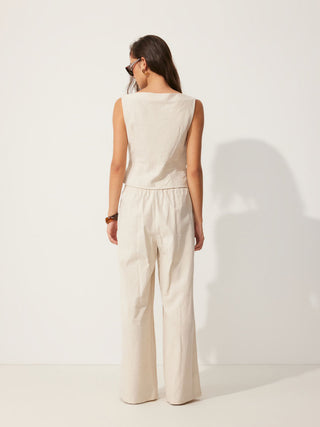 Linen-blend Boat Neck Knotted Top & Mid Rise Capri Straight Leg Trousers Set