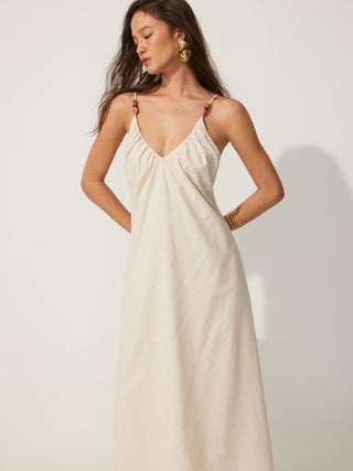 Woven Linen-blend V-neck Ruched Flared Maxi Dress For Daily Casual Vacation